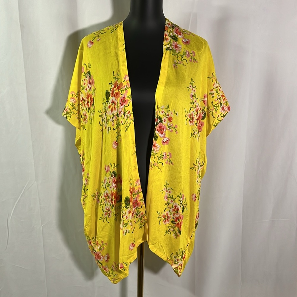 NWT LOFT Yellow & Pink Floral Print Short Sleeve Open Front Coverup